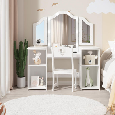 Kids Vanity Table and Chair Set with Lighted Mirror, 2 in 1 Princess Vanity Set with Open Bookshelf, Storage Cabinet & Shelves, Adjustable Mirror and