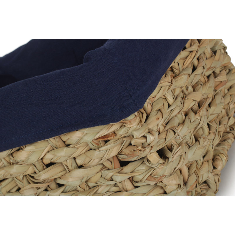 Lily Manor Wicker Thatch Grass Storage Basket with Lining, 20cm H x 40cm W x 27cm D, Natural Thatch/Navy Blue Lining