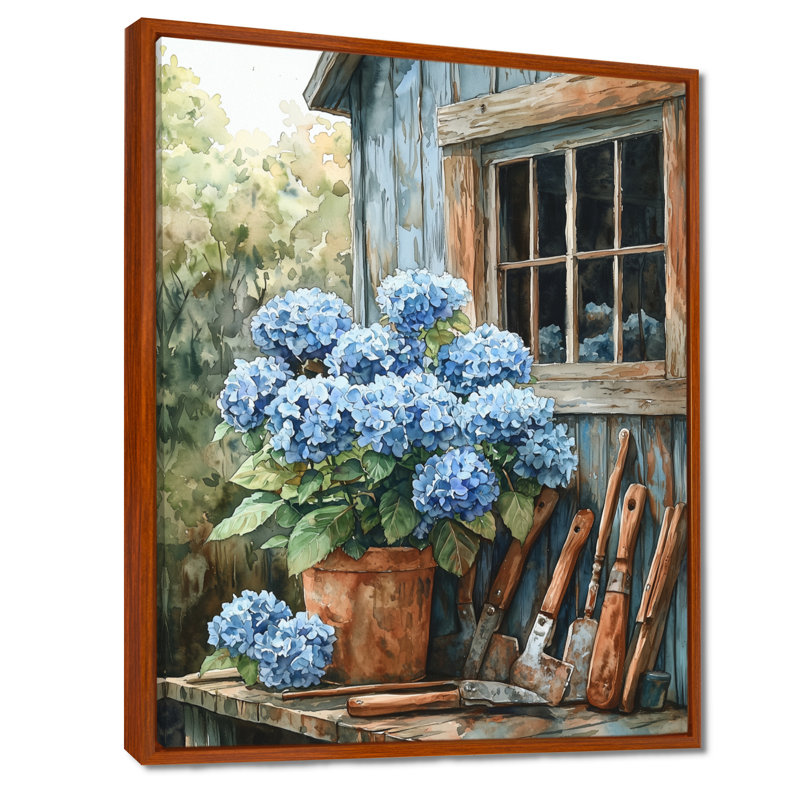 «Eberly Hydrangeas By The Garden Shed» - Art mural hortensias, Brun, Reproduction avec cadre flottant, H 32 po x l 16 po