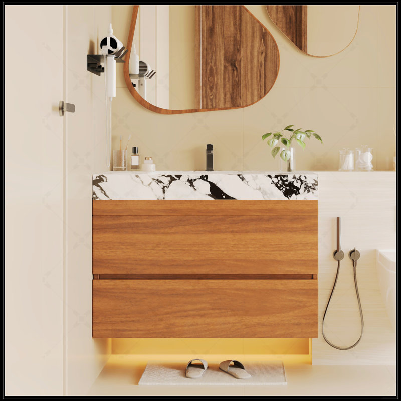 Meuble-lavabo flottant moderne de 29,9 po avec comptoir en faux marbre et lavabo encastré en céramique, fixation murale pour petits espaces