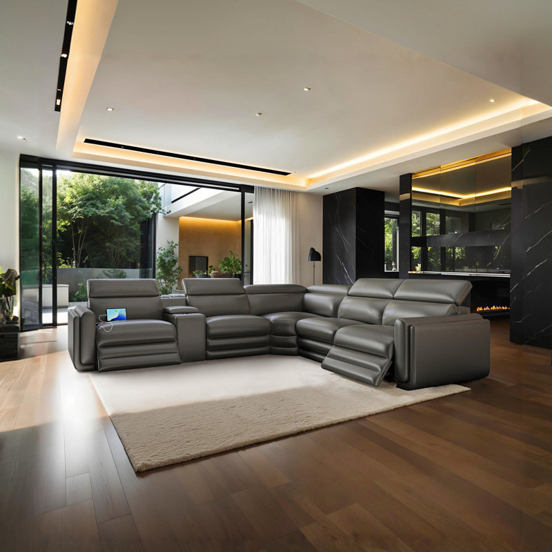 Gesina Oversized Dual Power Reclining 5-Seater Sofa with Console, Bluetooth Speakers & Storage,  Leathaire