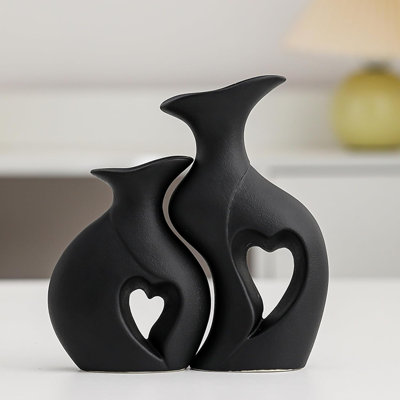 Ensemble de 2 vases en céramique noirs en forme de cœur
