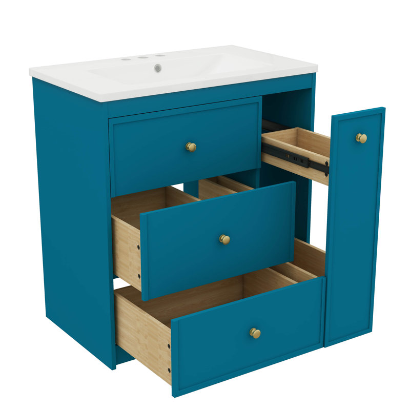 Ensemble de meuble-lavabo 30 po avec lavabo en céramique, ensemble de meuble-lavabo simple autoportant avec quatre tiroirs, unité de rangement de salle de bain moderne