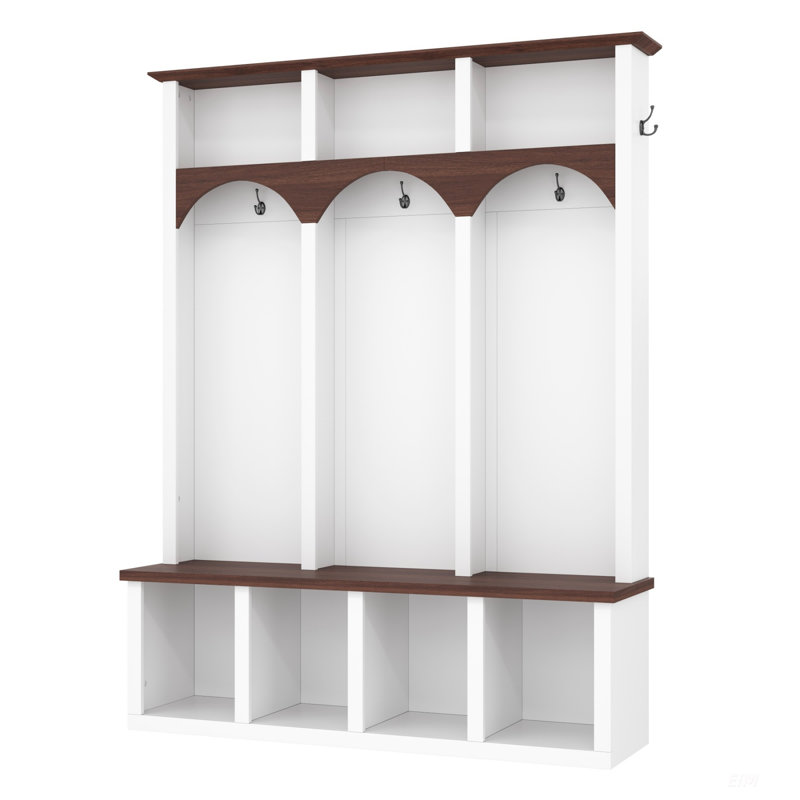 Farmhouse Wooden Style Hall Tree With Arched Design, Practical Entryway Walnut Storage Bench With 5 Black Hooks, Minimalist 4-In-1 Hallway Shoe Cabinet With 7 Cubbies For Mudroom, Living Room, White
