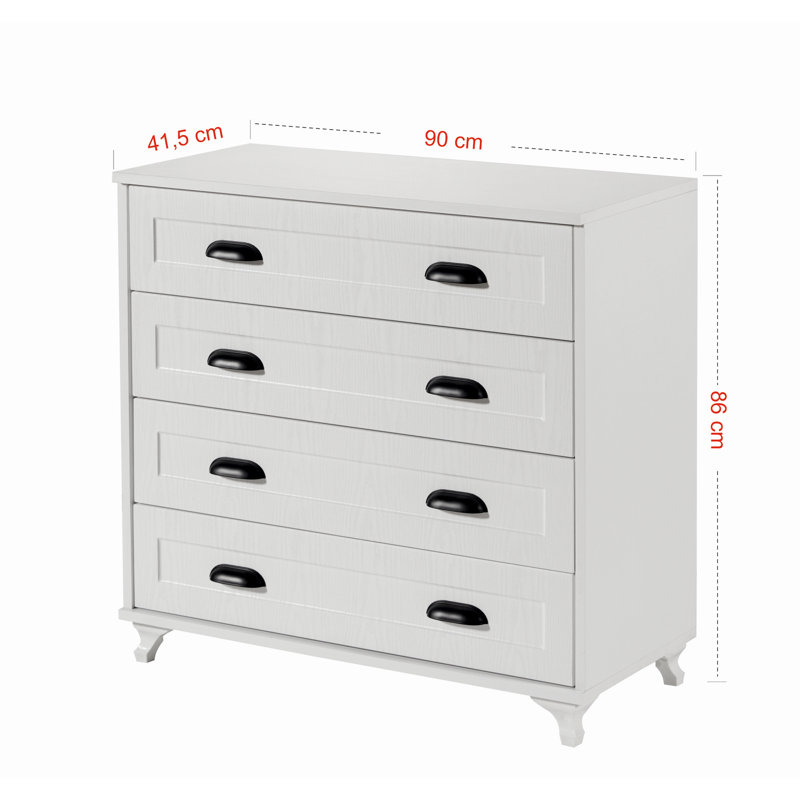 Commode moderne avec 4 tiroirs, blanc et noir, 35,4 x 33,9 x 16,3 pouces | Panneau de particules enduit 100% mélamine, assemblage facile avec système Minifix | Solution de rangement élégante pour la chambre à coucher et le salon, portes en panneau de fibres à densité moyenne durable
