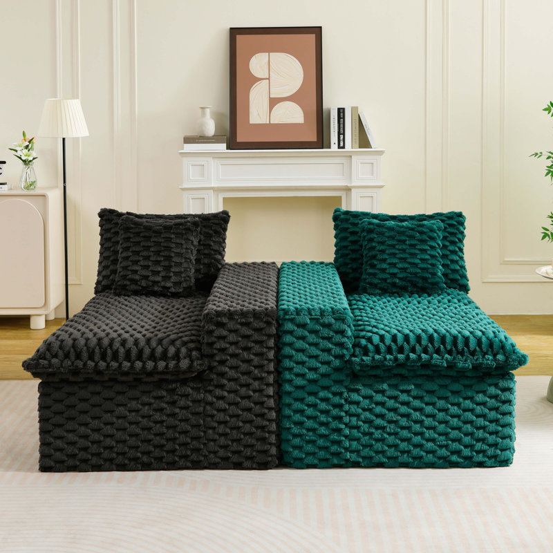 Canapé de luxe luxueux en velours à motif de blocs de couleur - disposable en une rangée, côte à côte ou face à face, mobilier de salon élégant pour une décoration douillette