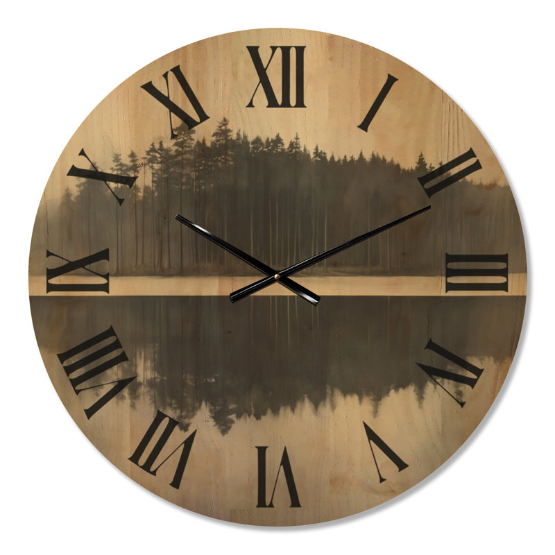 Silent Forest Reflection - Black Rustic Solid Wood Wall Clock, Medium