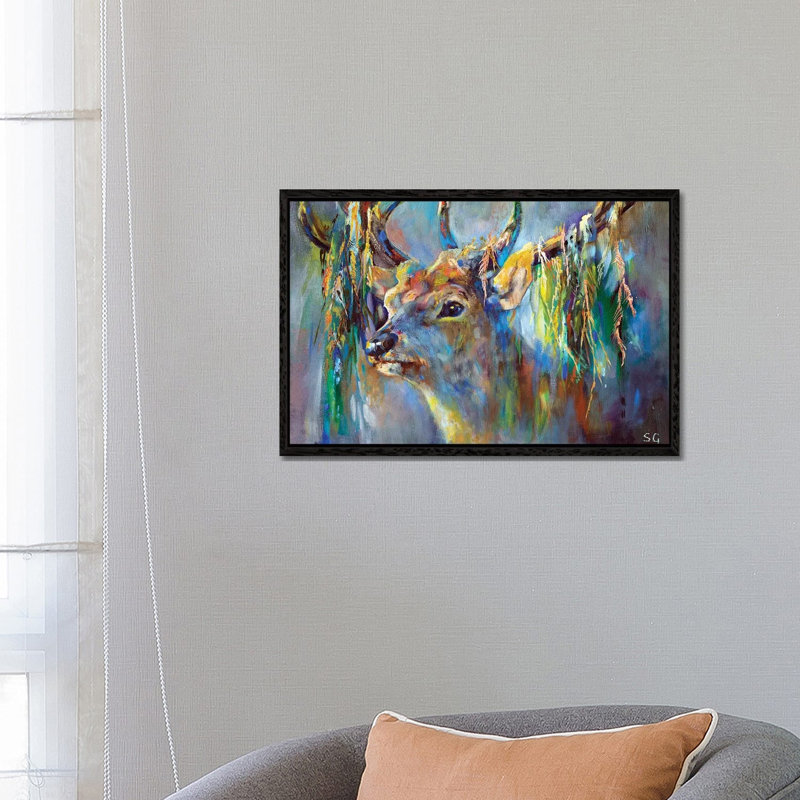 Silver Stag by Sue Gardner - Painting on Canvas, 66.04 cm H x 45.72 cm W, Black Framed