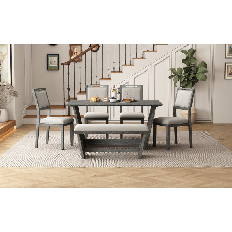 Ensemble de salle à manger rétro, table rectangulaire avec base de table trapézoïdale stable et chaises et banc rembourrés