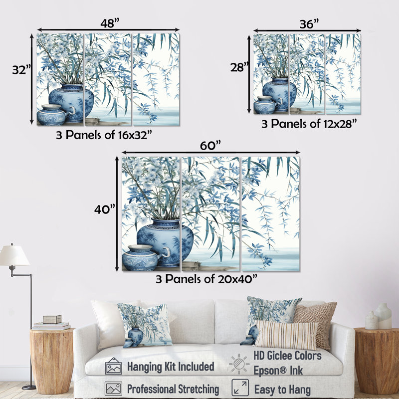 Ensemble de salon d'art mural en bambou, sérénité chinoise en bambou bleu, Toile tendue, H 28 po x l 36 po x P 1 po