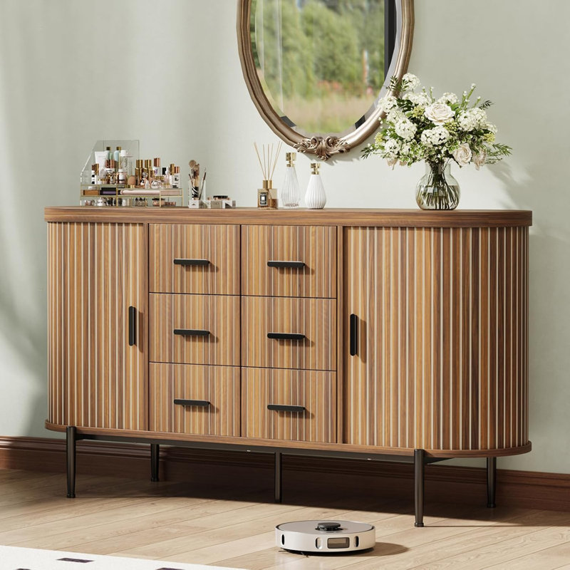 Sideboard Buffet Cabinet with Fluted Wood Construction, 6 Drawers and 2 Sliding Doors Storage Credenza for Living Room and Kitchen
