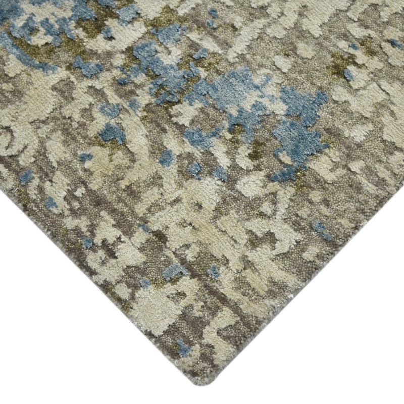 Blue Hand-Knotted Wool and Silk Abstract 8' x 10' Rug