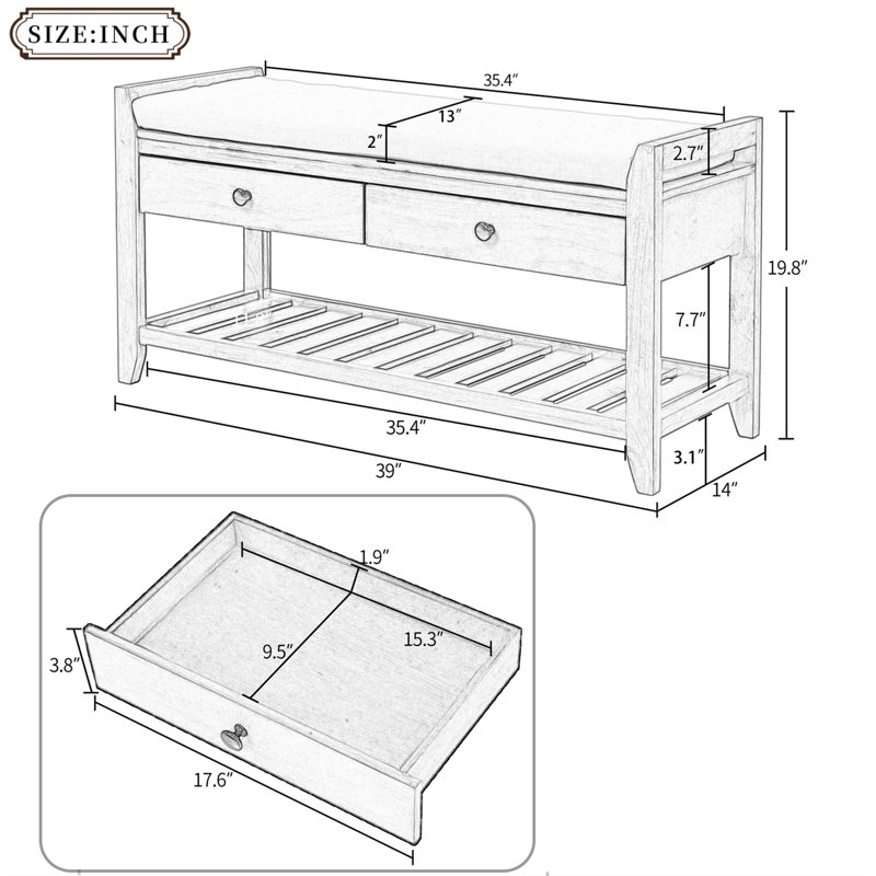 4 Pair Shoe Storage Bench with Removable Cushion, Brown Wood