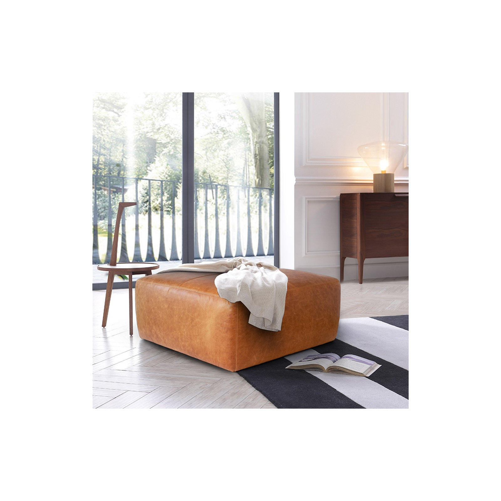 Heafield Square 35" Wide Full-Grain Genuine Italian Leather Ottoman, Cognac Tan Genuine Leather