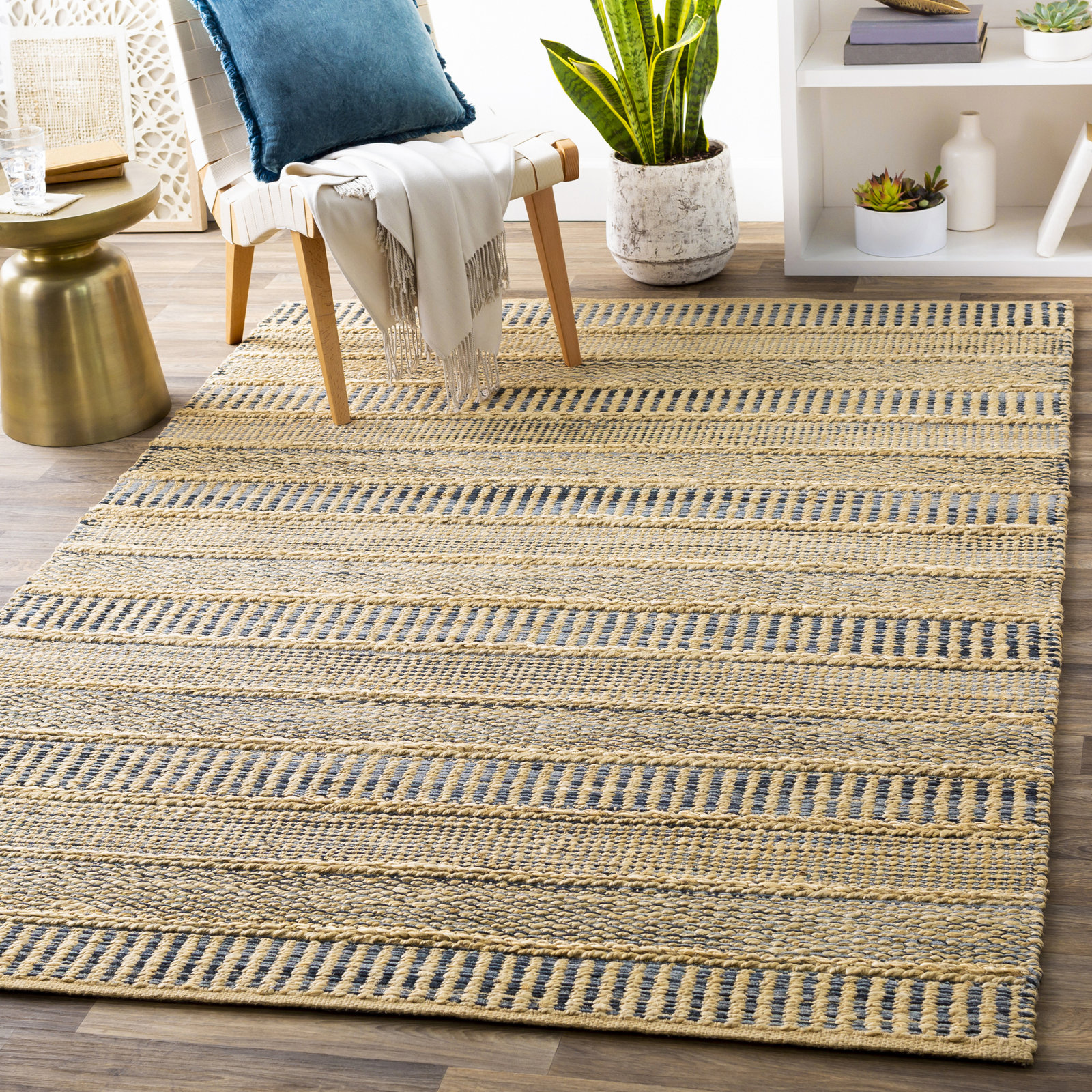 Mulaney Denim Cream Hand-Woven Geometric Jute Rug, Rectangle 8' x 10'