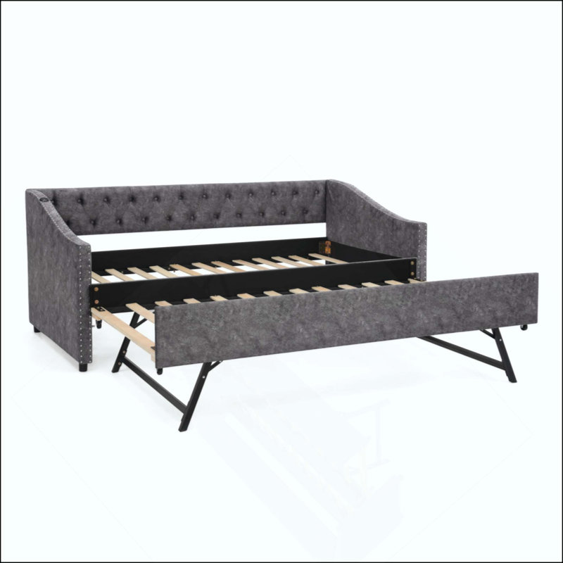 Lit de jour avec charge USB et lit extensible escamotable, avec bouton sur le dos et clou en cuivre sur les accoudoirs ondulés (81 po x 42 po x 30,75 po)
