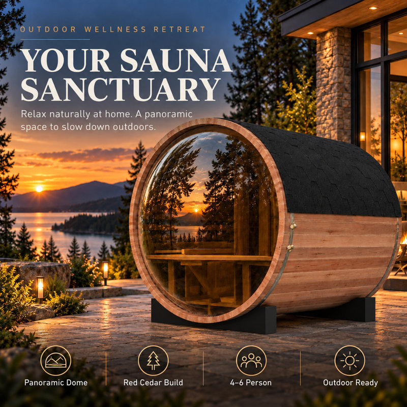Smartmak Outdoor Wooden Panoramic Barrel Sauna, 4-6 Person Sauna Room 220V， 6kw Toule Electric Heater， Accessories and Asphalt Shingle Roof (Red Ceder)