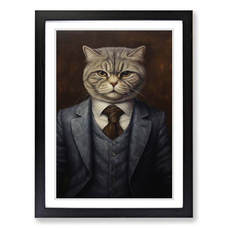 Cat In A Suit Painting No.2 - Single Picture Frame Print on Wood, 64cm H x 46cm W x 2cm D, Black Framed