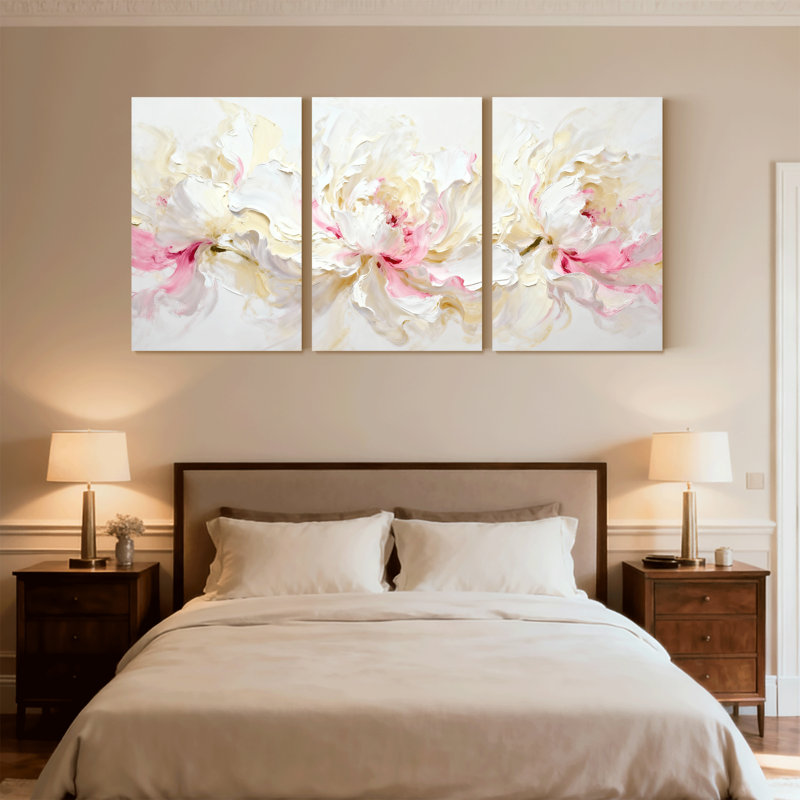 Plantes et fleurs, pivoines blanches, ensemble de 3 reproductions d'art sur toile, H 30 po x l 60 po