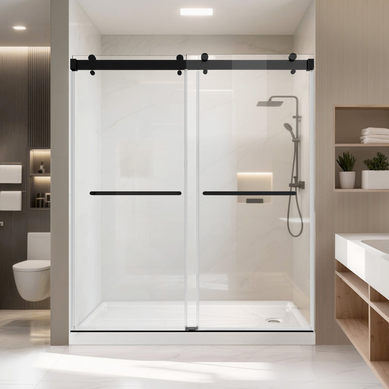 Porte de douche coulissante l 60 po x H 72 po, verre trempé 3/8 po (10 mm), rail en acier inoxydable, glissement en douceur, portée réglable de 4 po, installation à gauche / droite