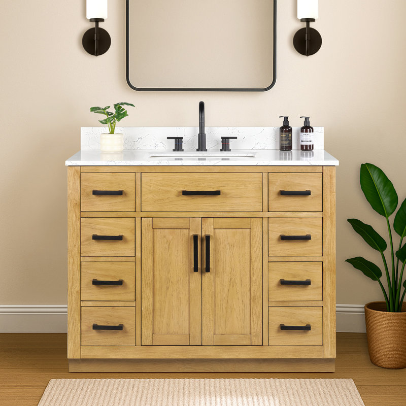 42'' Single Bathroom Vanity with Drawer, Shelf, Outlet, and Engineered Marble Top, Light Brown Oak, 42''