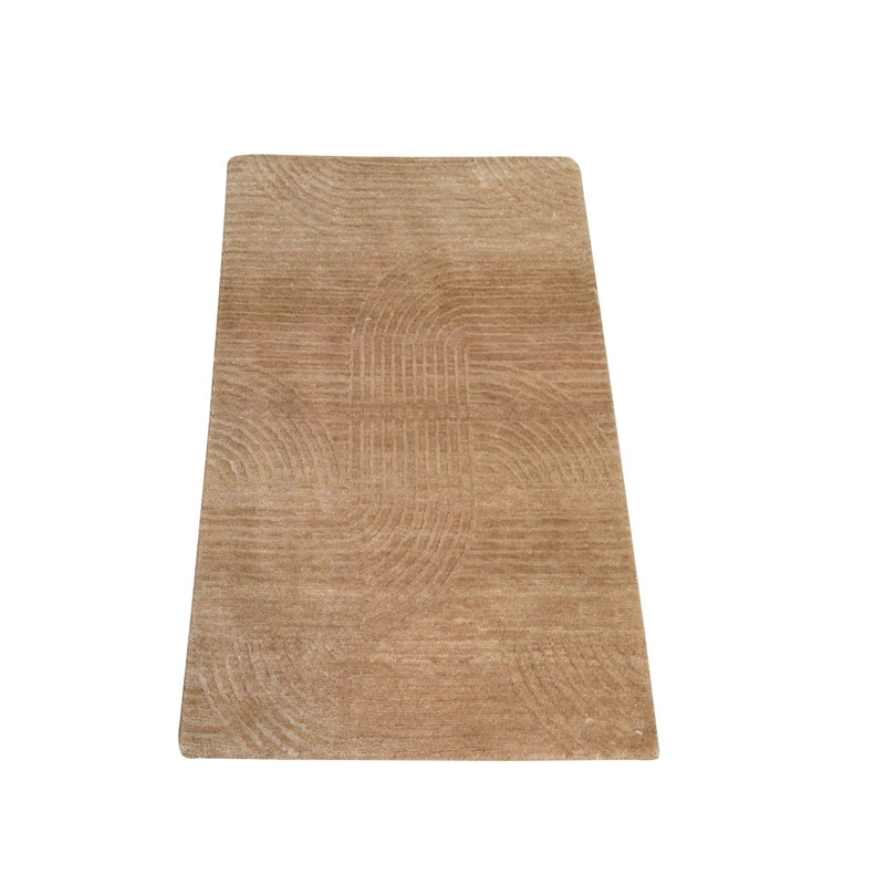 Tapis oriental brun pâle 2 pi x 3 pi 2 po en soie et en laine sculptée, rayé, style Art nouveau, noué à la main