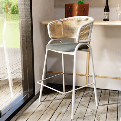 Daishun Leather Bar Stool With White Powder-Coated Stainless Steel Base And Curved Wicker Back Design