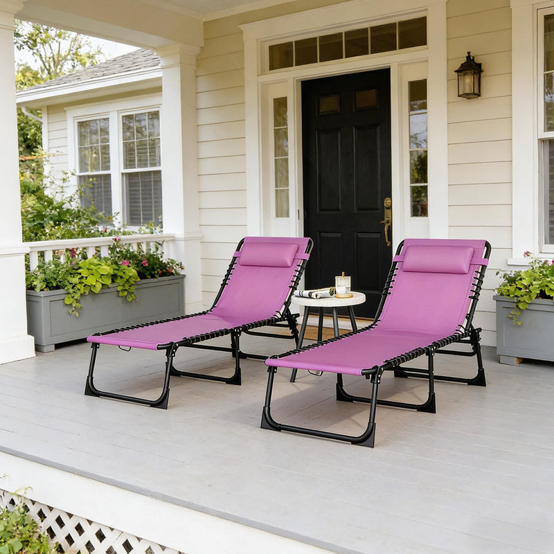2 Folding Chaise Lounge Chairs, Outdoor Chaise Chairs For Backyard, Poolside, Purple, 2