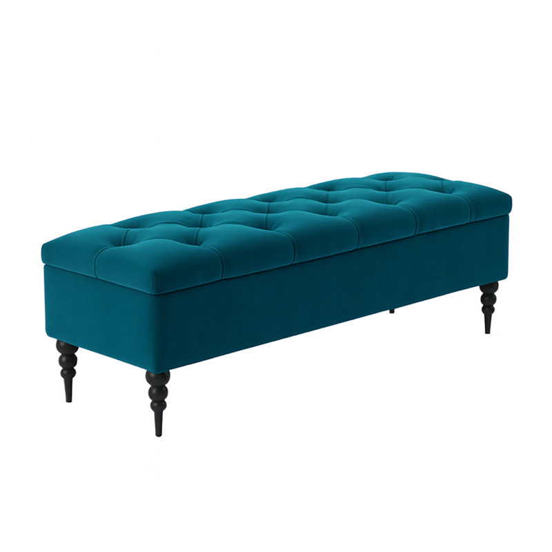 Safar Wide Tufted Rectangle Ottoman Storage Bench – Upholstery Plush Velvet Shoe Bench with Black Turned Wooden Legs