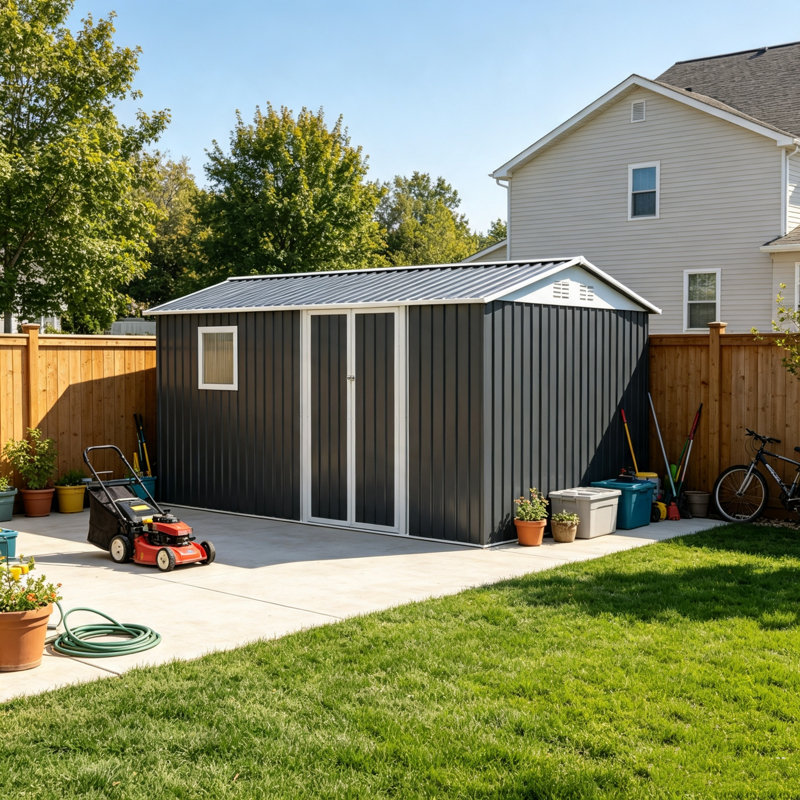 Abri de jardin en métal de 2,74 m x 1,83 m avec fenêtre et portes à charnières. Abri de rangement extérieur pour terrasse, résistant aux intempéries, verrouillable et facile à monter.