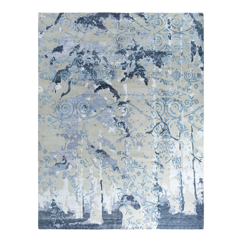 Modern Beige Hand-Knotted Wool and Silk Area Rug, 9' 4" x 12' 2"