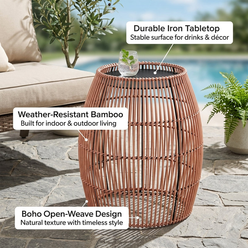 Bamboo Drum Side Table with Black Iron Top – Weather-Resistant Open Weave Accent Table