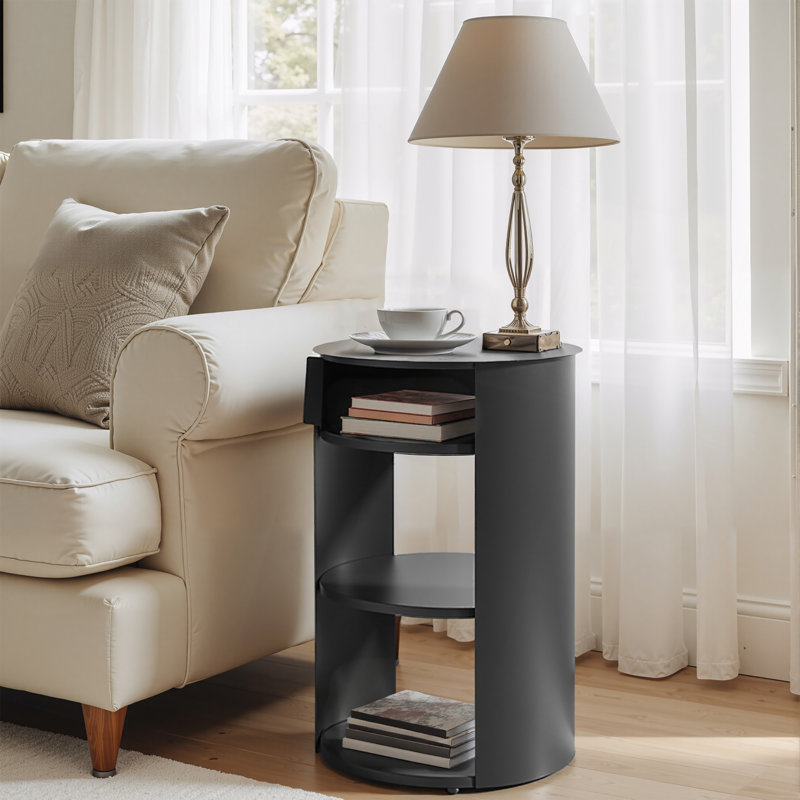 Table d'appoint ronde d'intérieur en métal à 3 niveaux avec armoire à porte coulissante, noir mat
