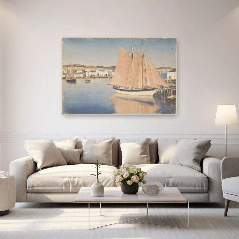 Voilier au quai, impression d'art traditionnel côtier serein, architecture tranquille, 40" H x 60" W