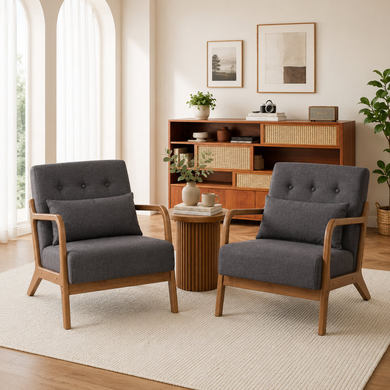 Modern Scandinavian Solid Wood Armchair, Grey Linen