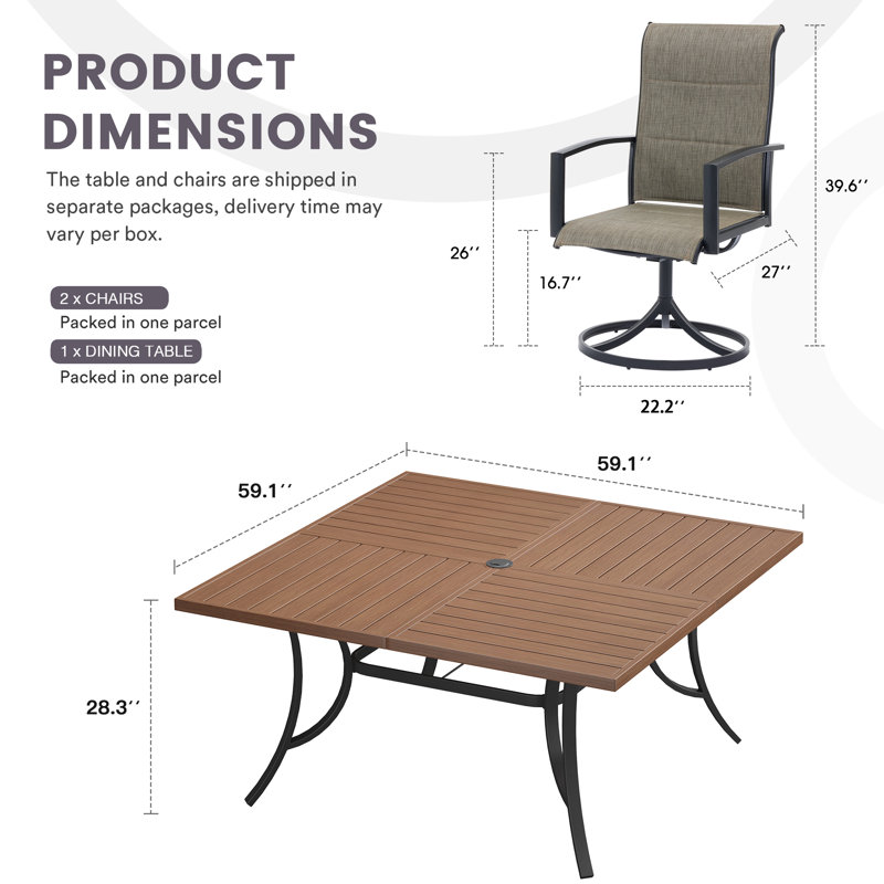 Patio Dining Set with 8 Padded Swivel Dining Chairs and 59" Square Dining Table, Brush Wood Brown/Brown