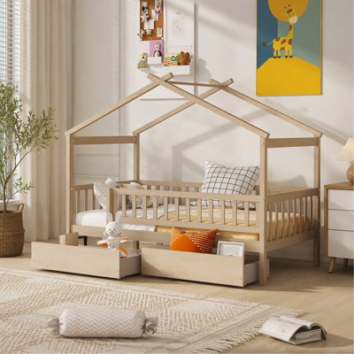 Lit simple en bois avec deux tiroirs, naturel