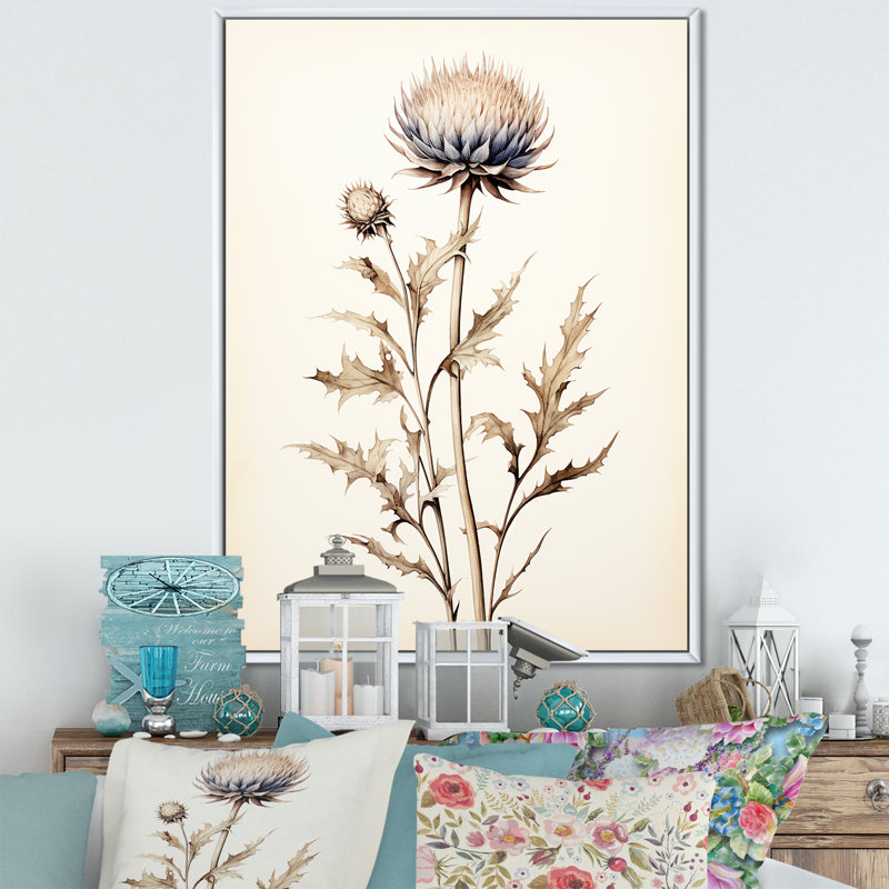 Décoration murale beige chardon fleurs I - chardon, Cadre flottant blanc, H 20 po x l 12 po