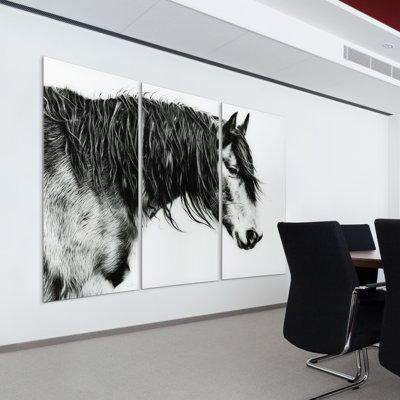 «Black and White Horse Portrait III ABC», ensemble de 3 peintures sans cadre sur verre