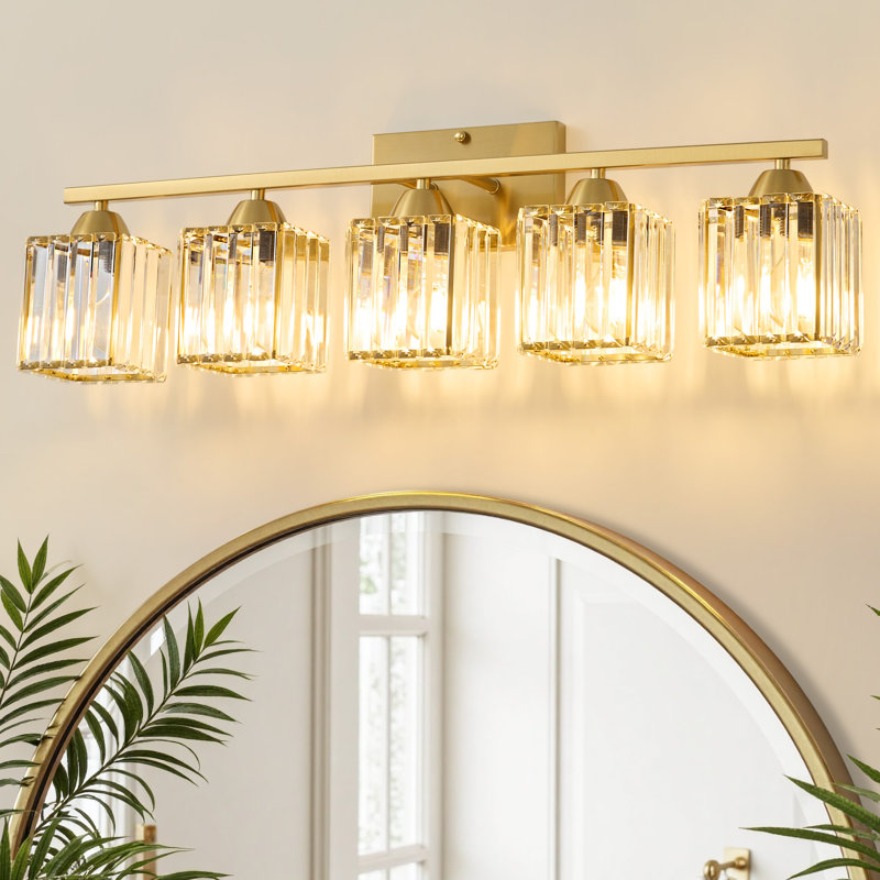 Éclairage de salle de bain à intensité variable 3 lumières avec abat-jour en cristal Monike, Doré, 5 Lights