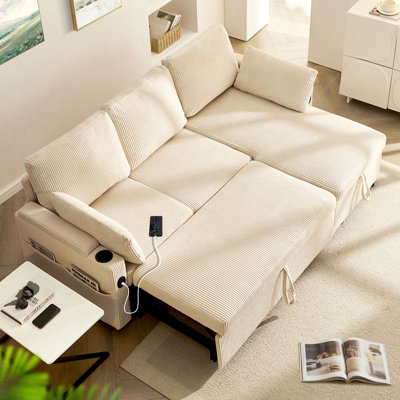 Corduroy Corner Sofa,3 Seater L Shaped Sofa Bed With Storage, Chaise Pull Out Sleeper Couch With USB Ports For Living Room