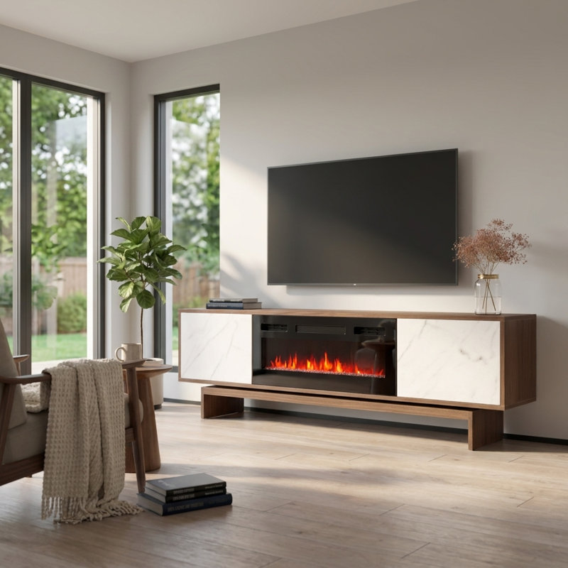 Meuble télé 70,9 po avec foyer électrique Calab, Noyer / blanc / noir