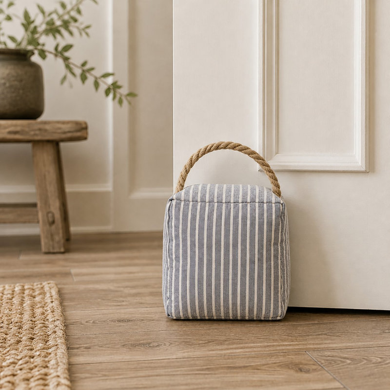 Blue Striped Fabric Door Stop, Sand Filled Weighted Doorstop with Braided Jute Rope Handle, Woven Polyester Bag Doorstopper for Bathroom Bedroom Entryway