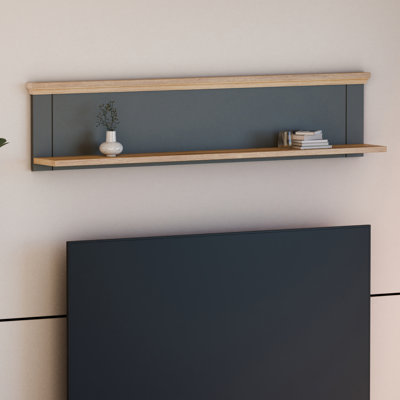 Modern cottage style wall panel with shelf, engineered wood, dark grey/light oak decor, 149.6 cm W x 33.2 cm H x 19.3 cm D