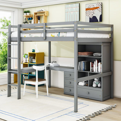 Full Four Drawers Loft Bed With Desk, Storage Shelves And Ladder
