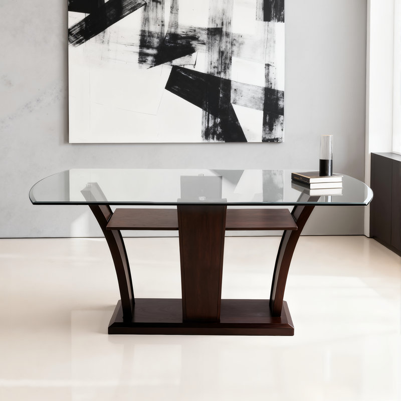 Table de salle à manger moderne en verre trempé de 72 pouces avec base en bois courbé, sans chaises