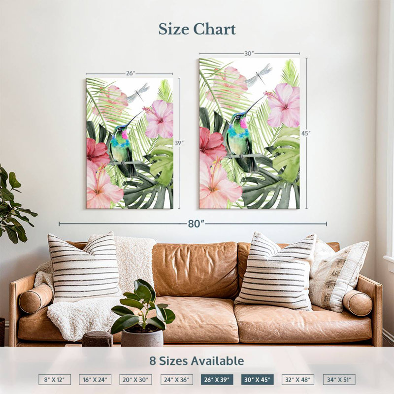 Hibiscus et colibri Brampt II, H 39 po x l 26 po
