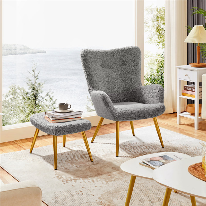Upholstered Armchair with Footstool, Grey