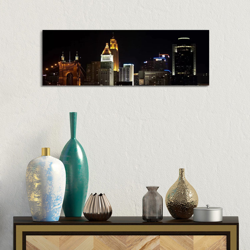 Cincinnati Panoramic Skyline Cityscape (Night) by Unknown Artist - Wrapped Canvas Panoramic Print