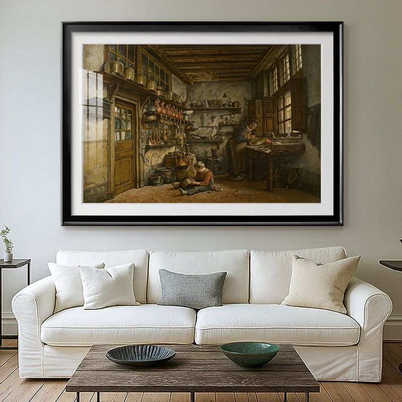 L'atelier du cuivre - Henri de Braekeleer - Reproduction encadrée avec passe-partout et verre - 1861, 30 x 5 x 42,5, Noir
